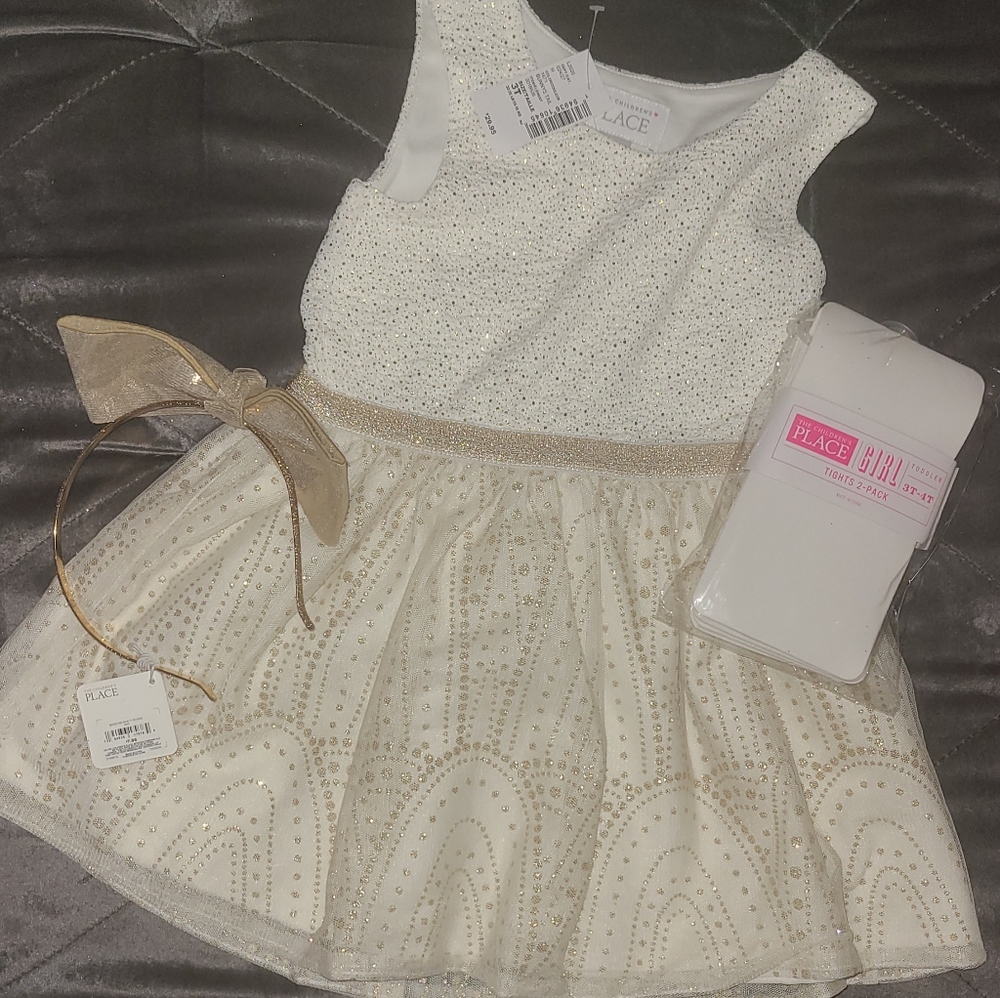 Cream Dress, gold headband, & tights
